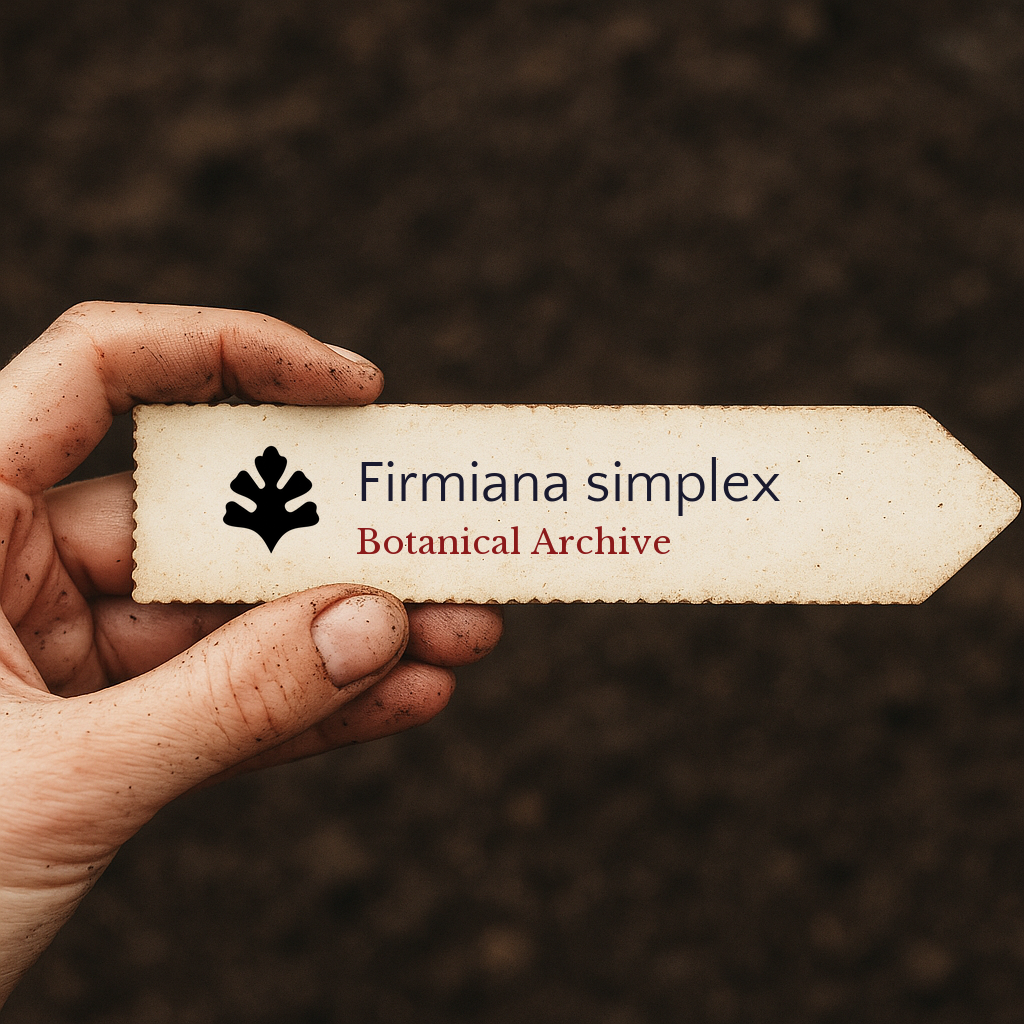 Etichetta stampata per pianta Firmiana simplex tenuta da mano sporca su sfondo di terreno