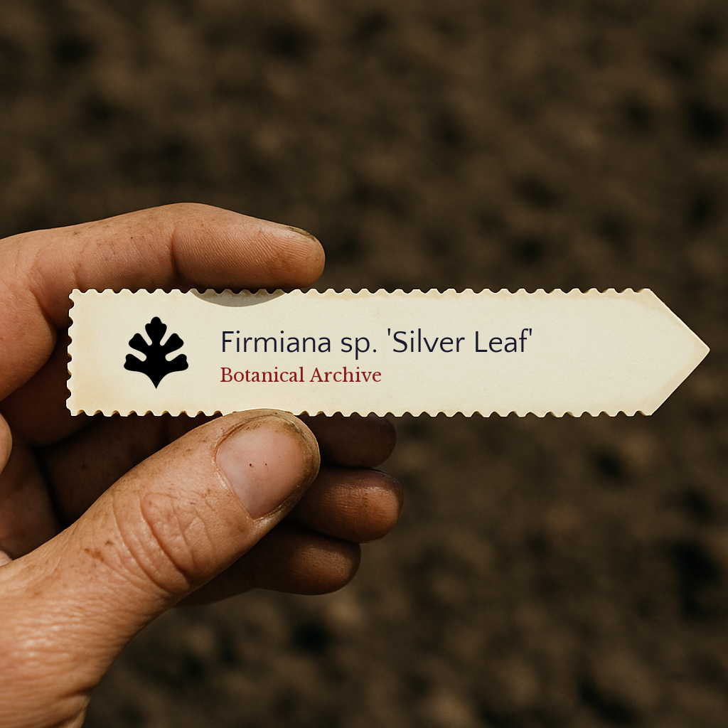 Printed plant label for Firmiana sp. 'Silver Leaf' held against soil background