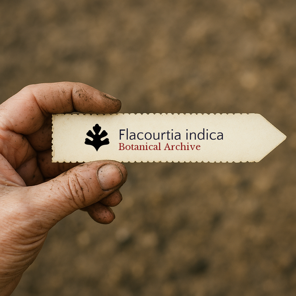Printed plant label for Flacourtia indica held by dirty hand over soil background