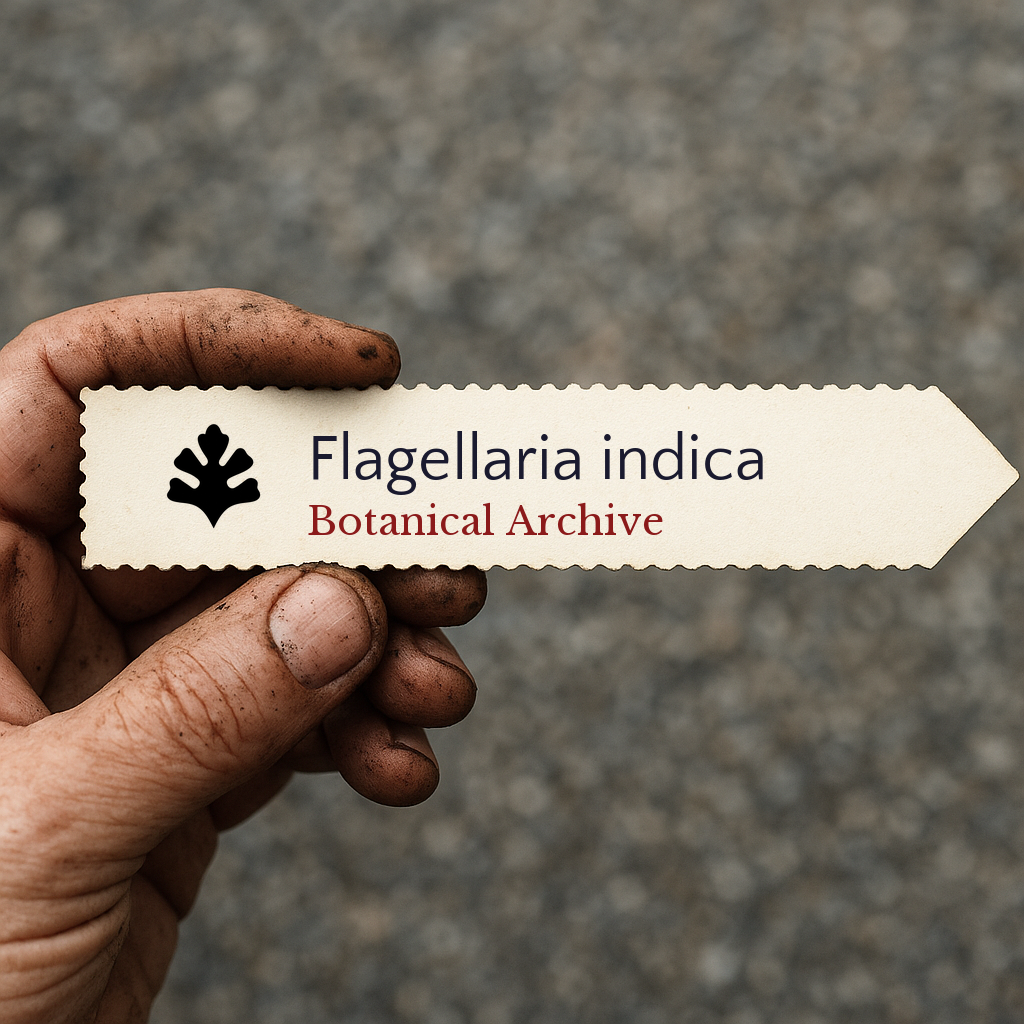 Printed plant label for Flagellaria indica held by dirty hand on blurred background