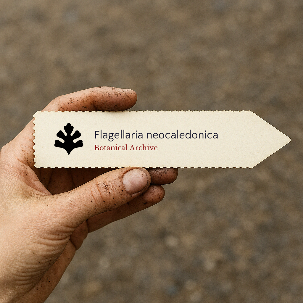 Etichetta stampata per pianta di Flagellaria neocaledonica tenuta da una mano sporca all'aperto