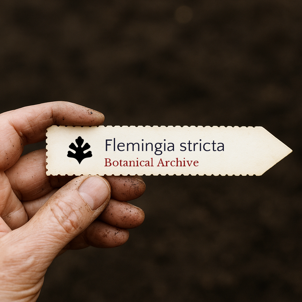 Printed plant label for Flemingia stricta with botanical archive logo held by dirty hand