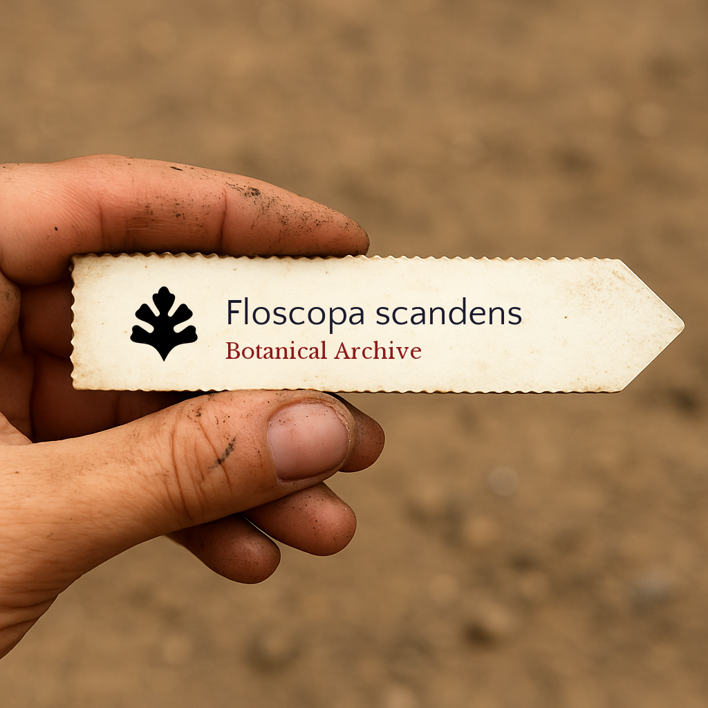 Printed plant label for Floscopa scandens held by dirty hand over soil background