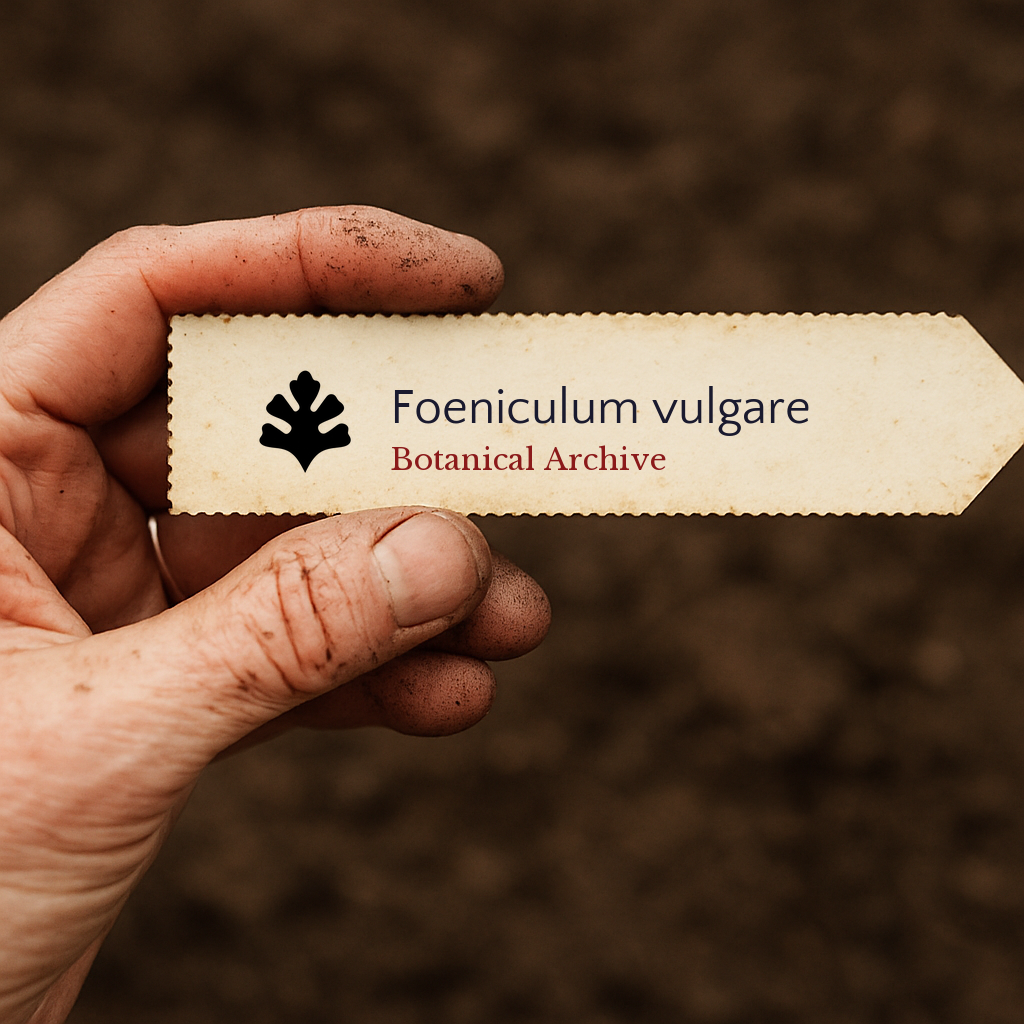 Printed plant label for Foeniculum vulgare held by a gardener with soil background