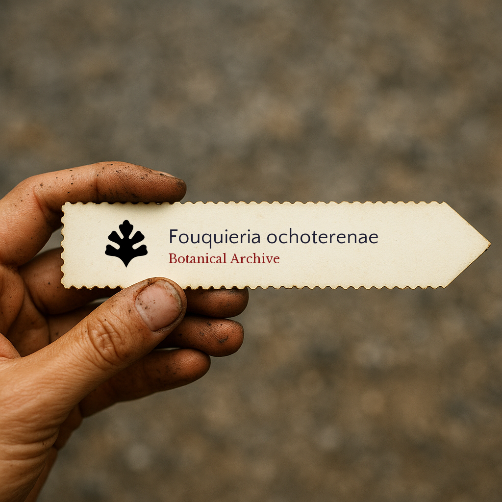 Handheld printed plant label for Fouquieria ochoterenae with botanical archive logo