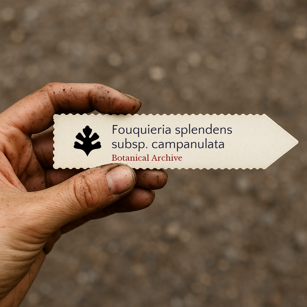 Printed plant label for Fouquieria splendens subsp. campanulata held by dirty hand outdoors