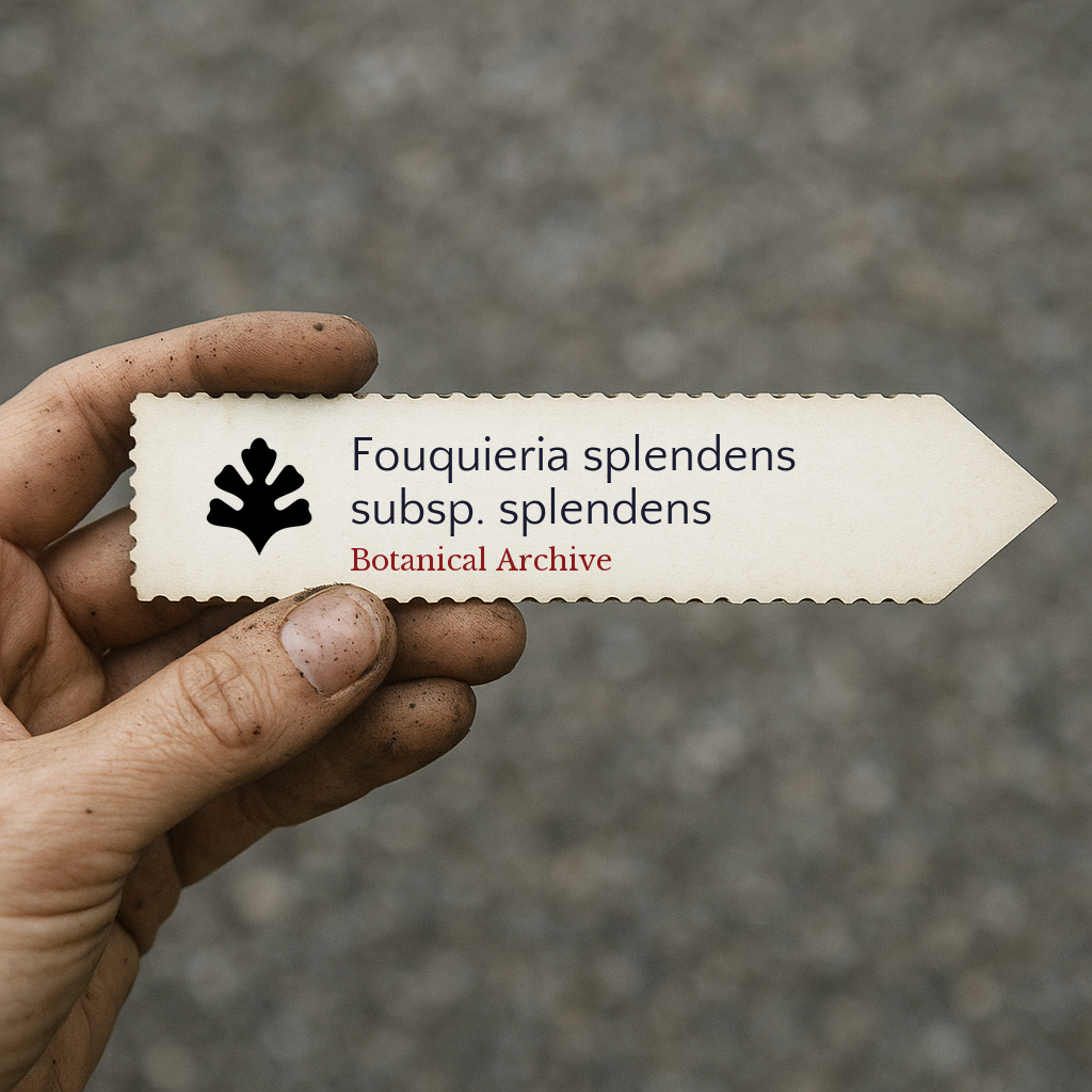 Printed plant label for Fouquieria splendens subsp. splendens held by a dirty hand