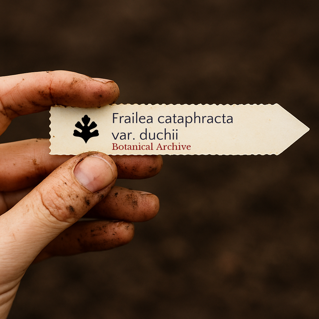 Printed plant label for Frailea cataphracta var. duchii held by dirty hand over soil background