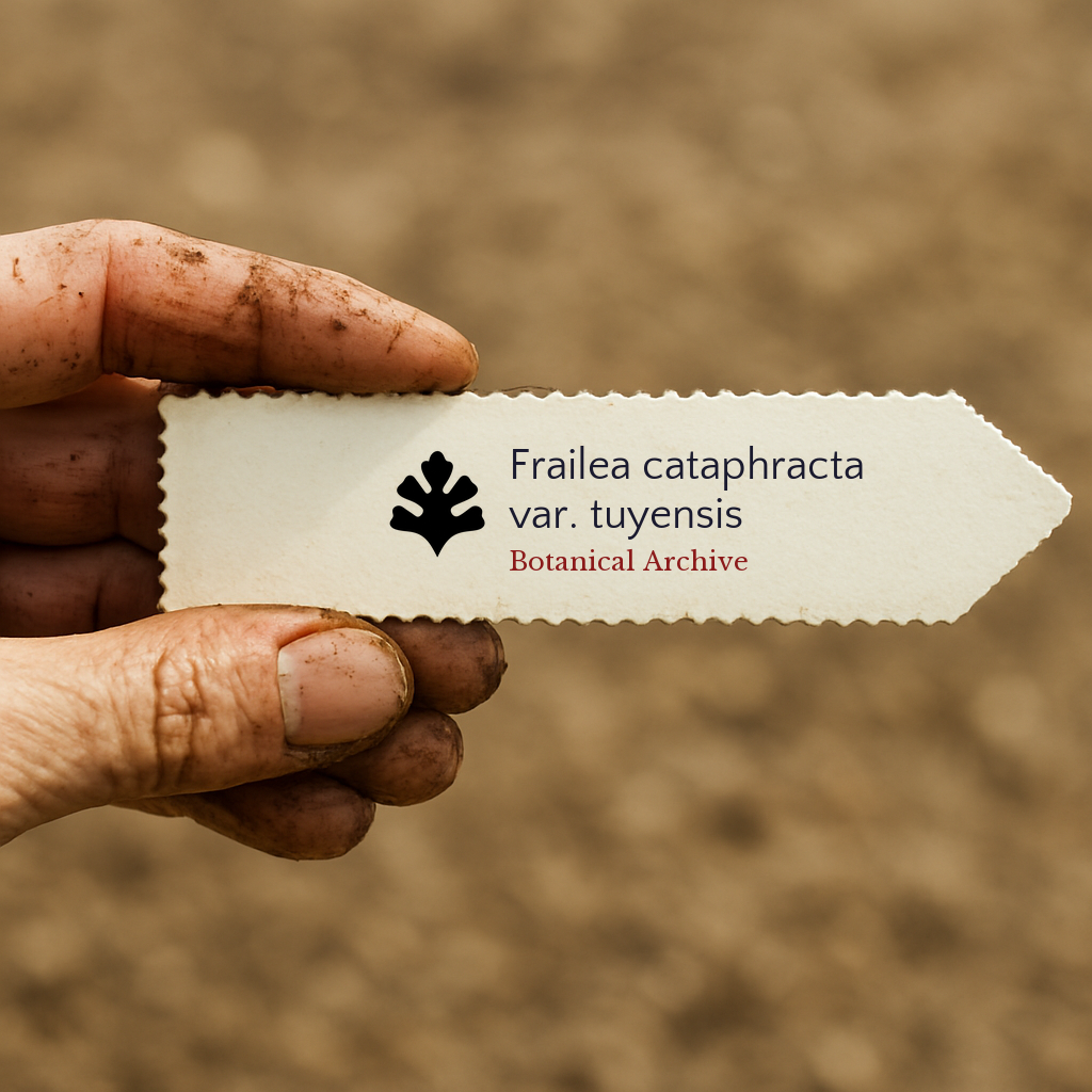 Printed plant label for Frailea cataphracta var. tuyensis held by dirty hand outdoors
