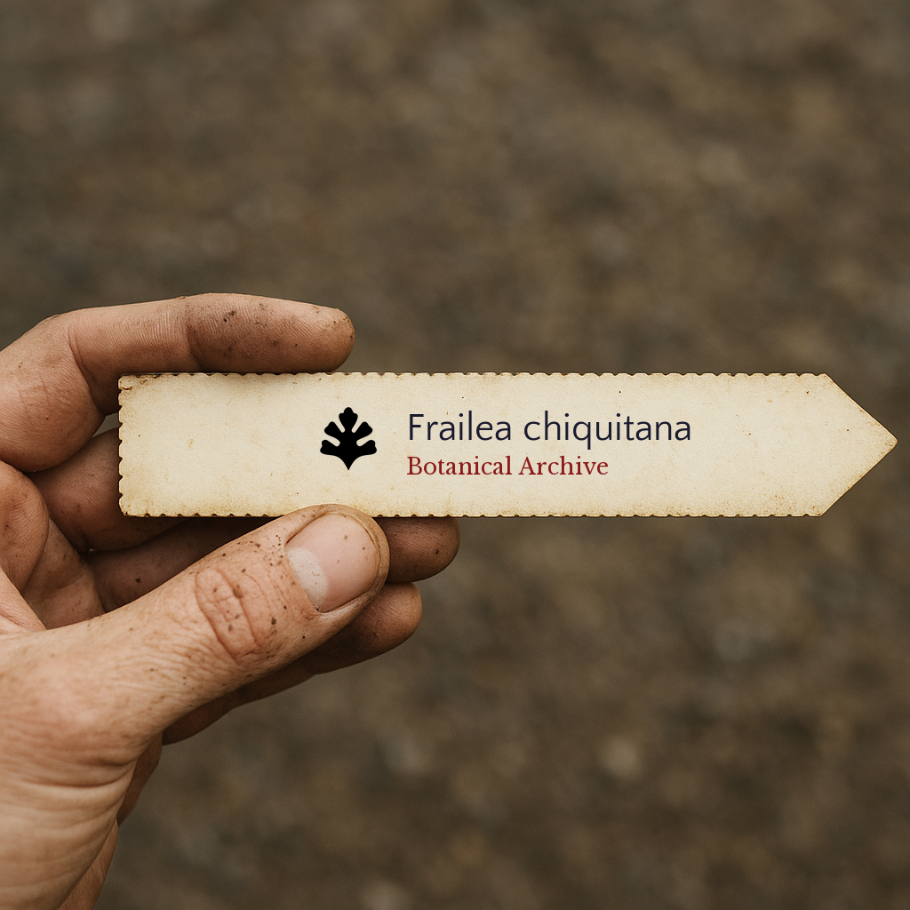 Printed plant label for Frailea chiquitana held by a hand with soil background