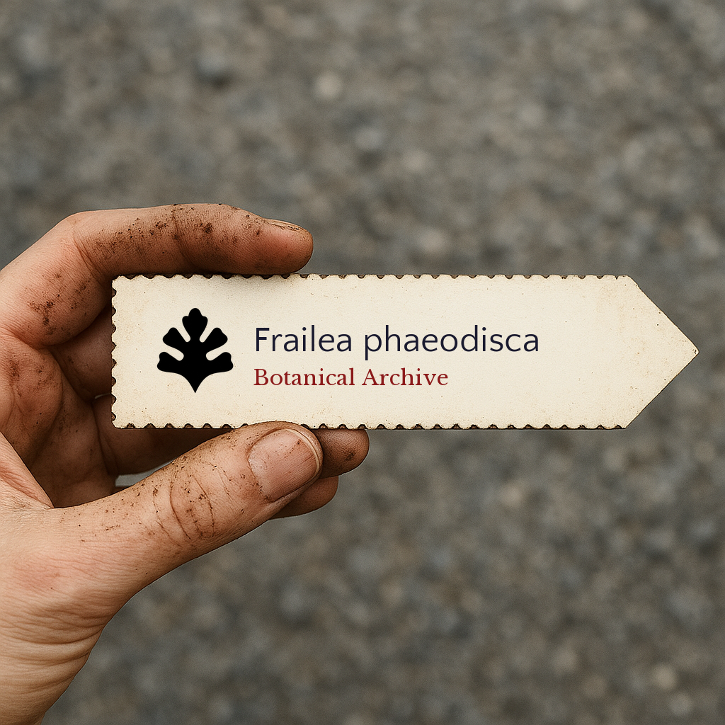 Etichetta stampata per pianta Frailea phaeodisca tenuta da mano sporca all'aperto