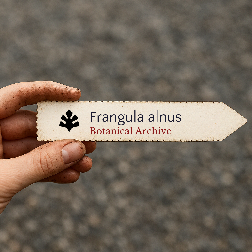 Printed plant label for Frangula alnus held by hand with dirt on fingers