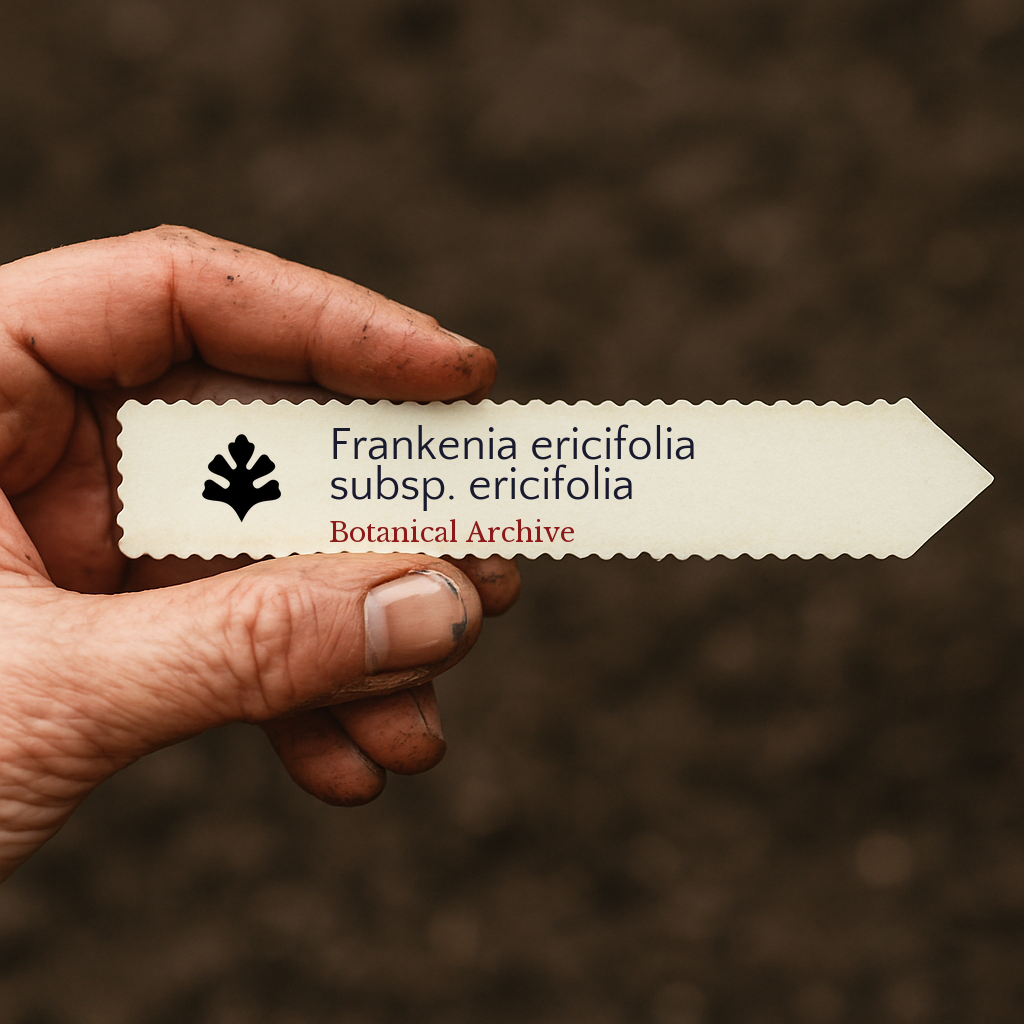 Printed plant label for Frankenia ericifolia subsp. ericifolia held by hand over soil background