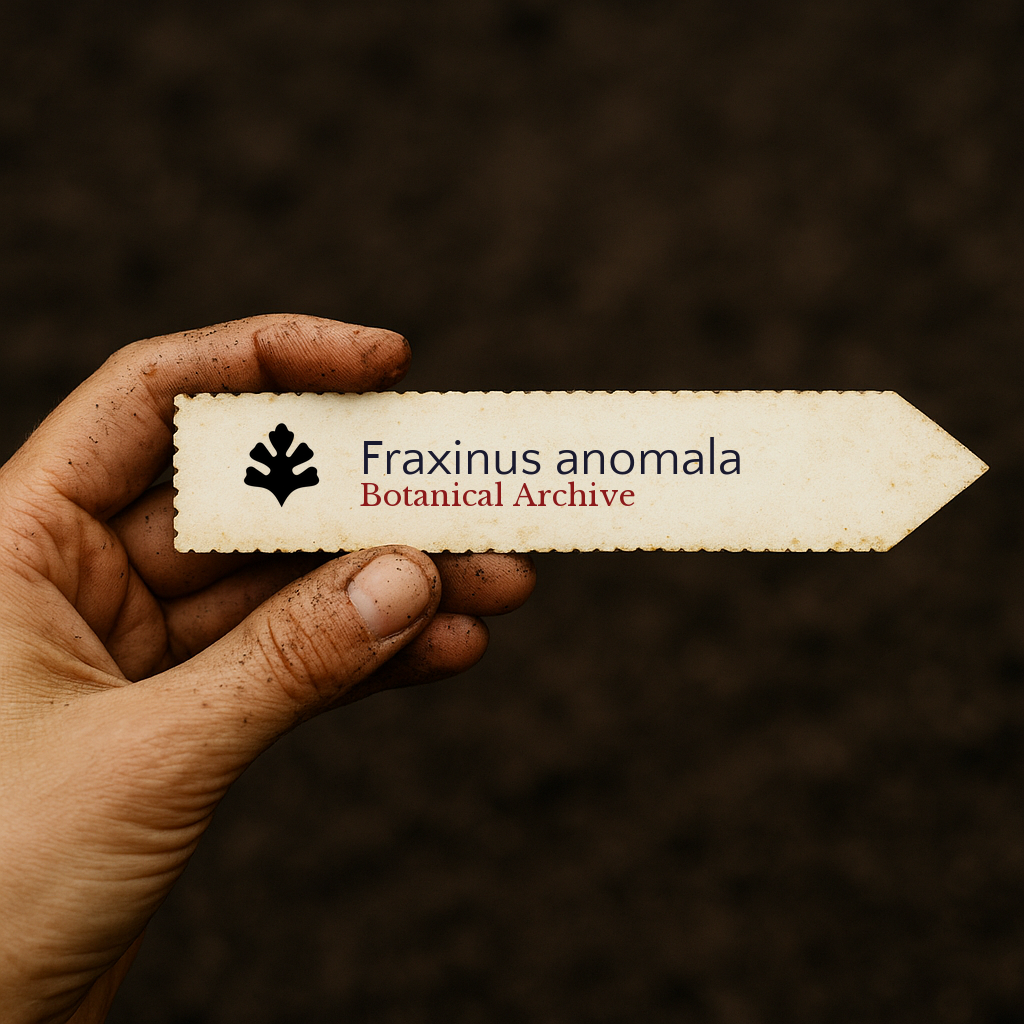 Etichetta stampata per pianta di Fraxinus anomala tenuta da mano sporca contro sfondo di terreno