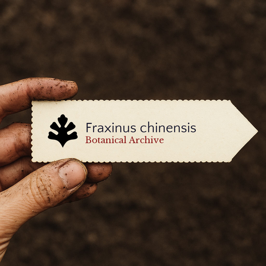 Printed plant label for Fraxinus chinensis held by dirty hand over soil background