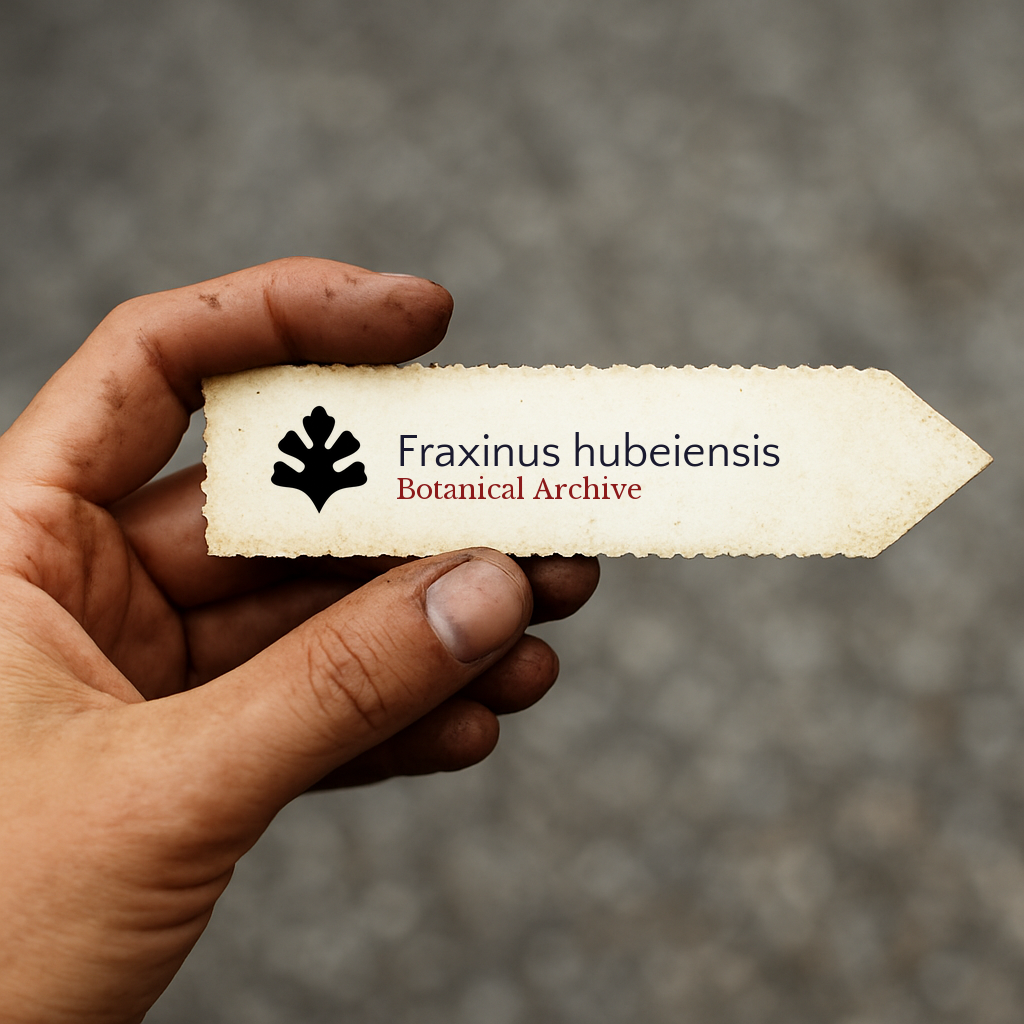 Printed plant label for Fraxinus hubeiensis with botanical archive logo held in hand