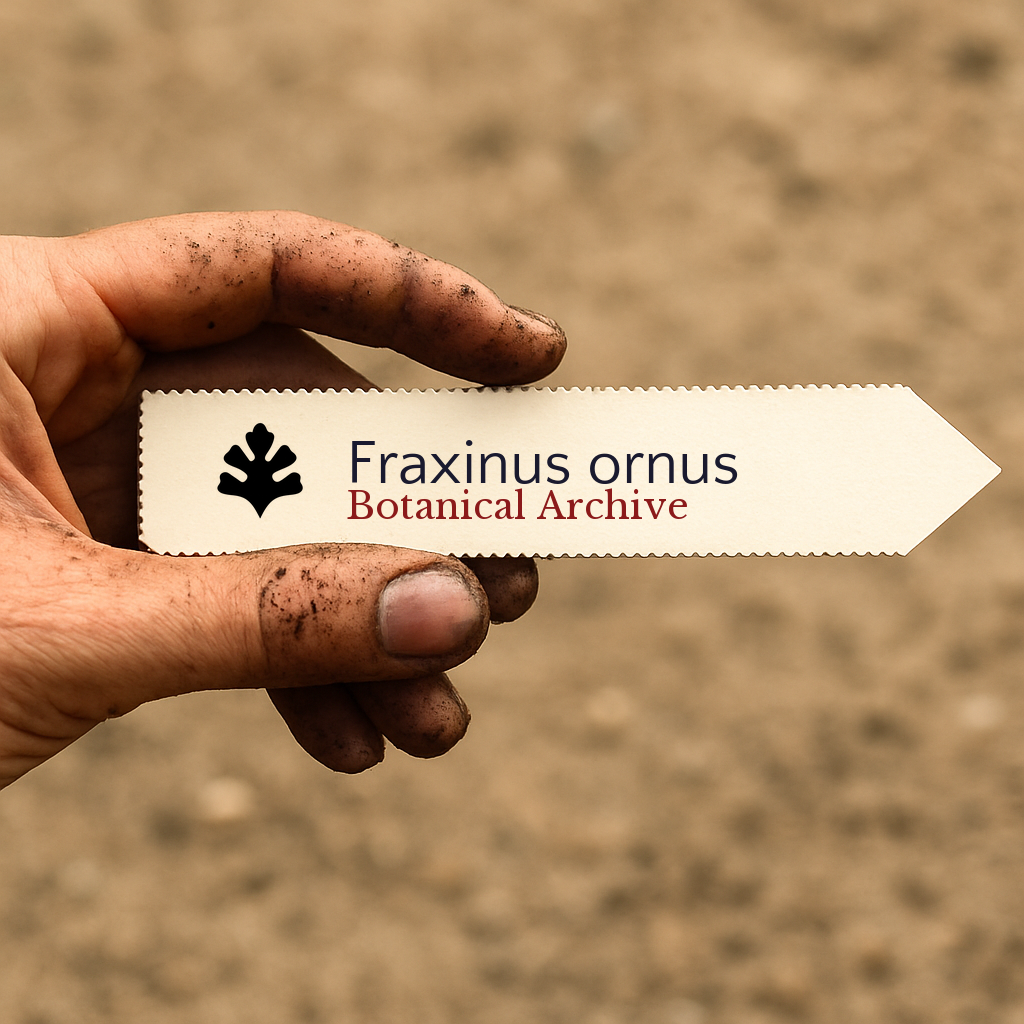 Printed plant label for Fraxinus ornus held by dirty hand over soil background