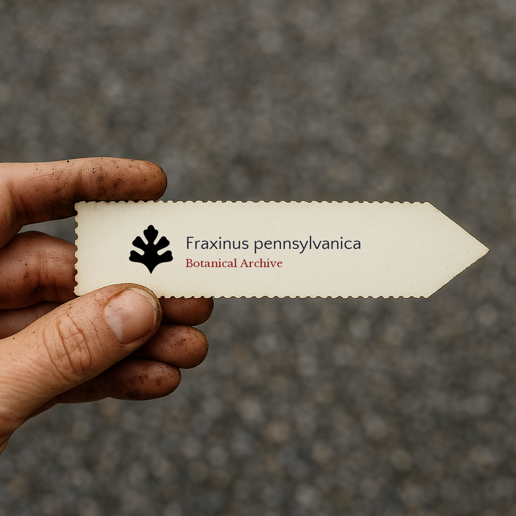 Printed plant label for Fraxinus pennsylvanica held by dirty hand outdoors
