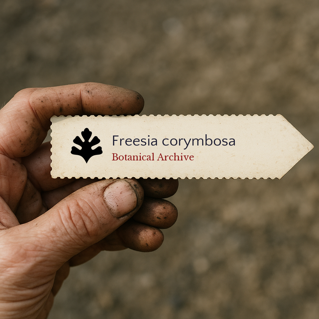 Printed plant label for Freesia corymbosa held by dirty hand with blurred background