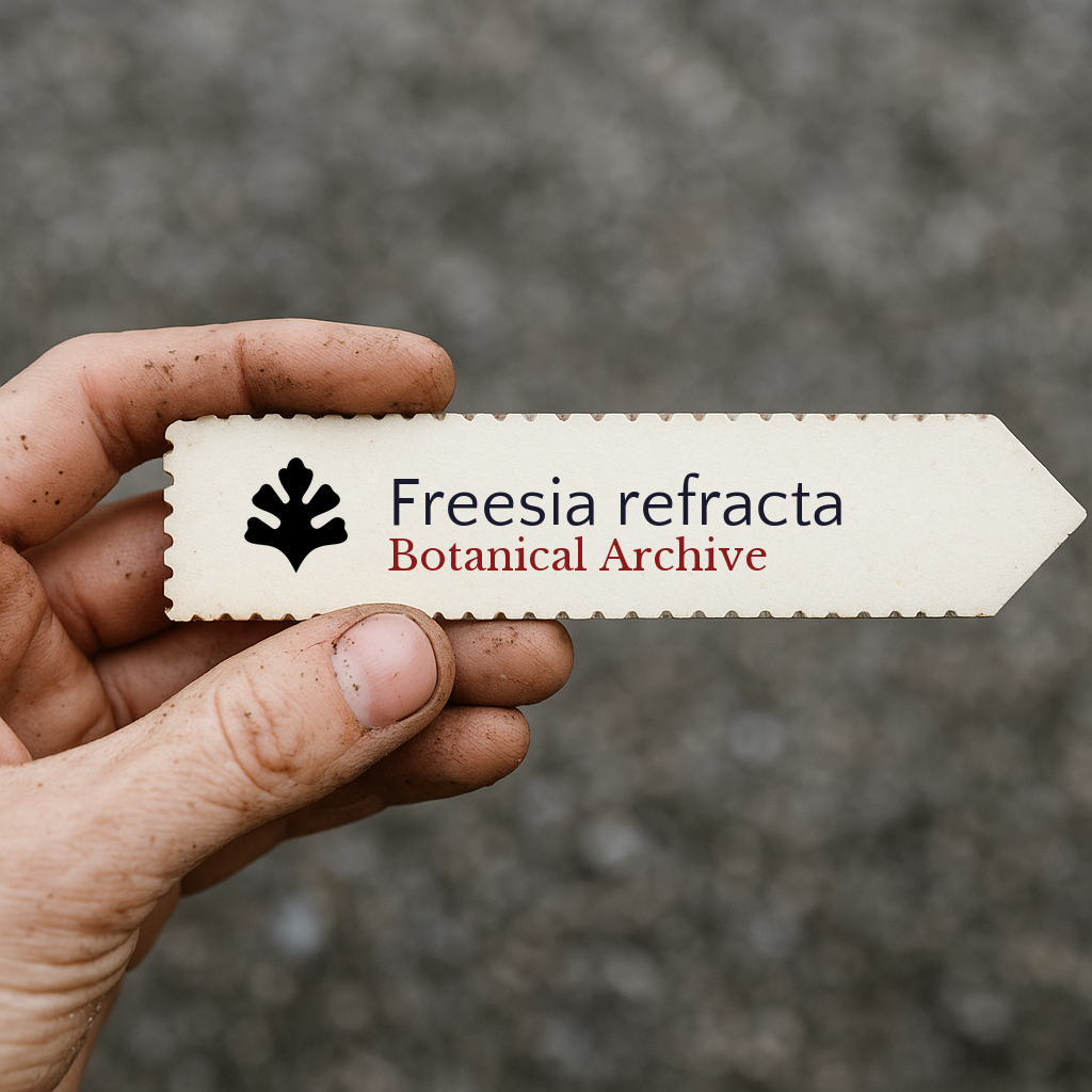 Etichetta per pianta stampata per Freesia refracta tenuta a mano con sfondo di terra