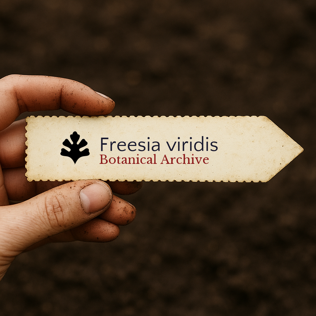 Printed plant label for Freesia viridis held by hand over soil background
