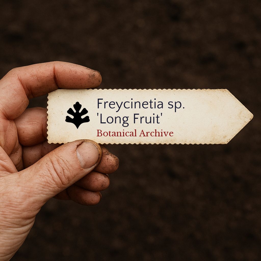 Printed plant label for Freycinetia sp. 'Long Fruit' held by dirty hand over soil background