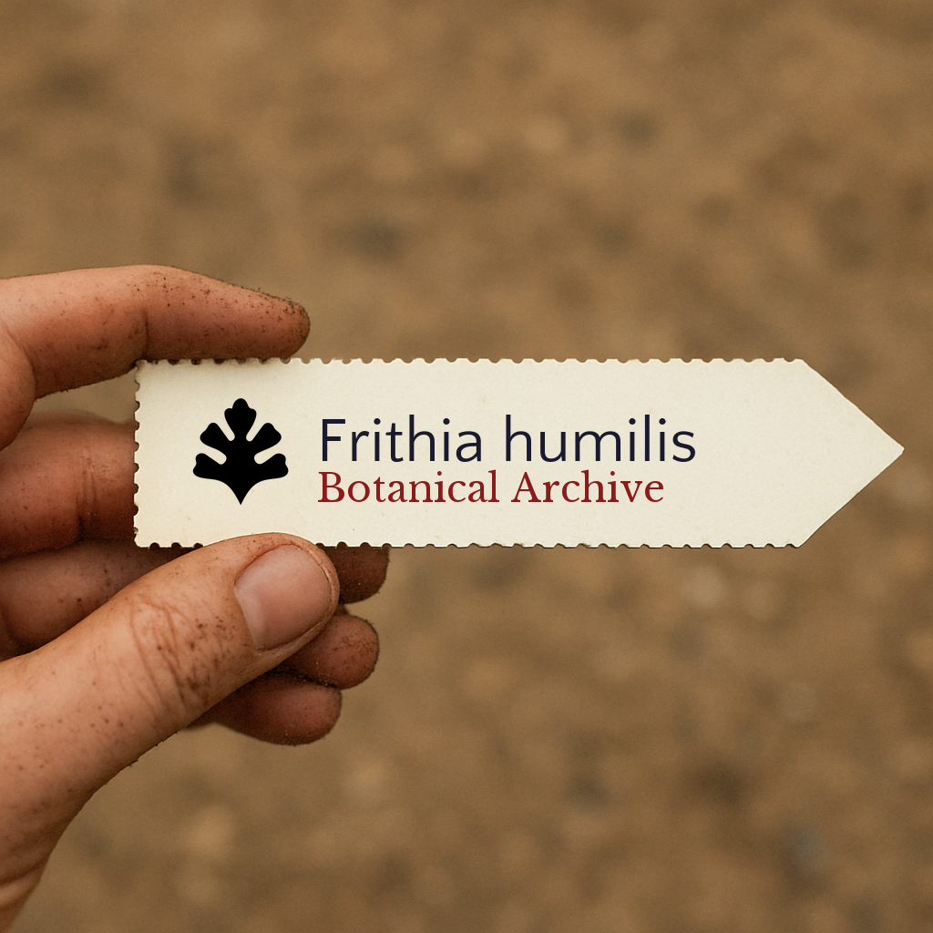 Printed plant label for Frithia humilis with botanical archive logo held by hand