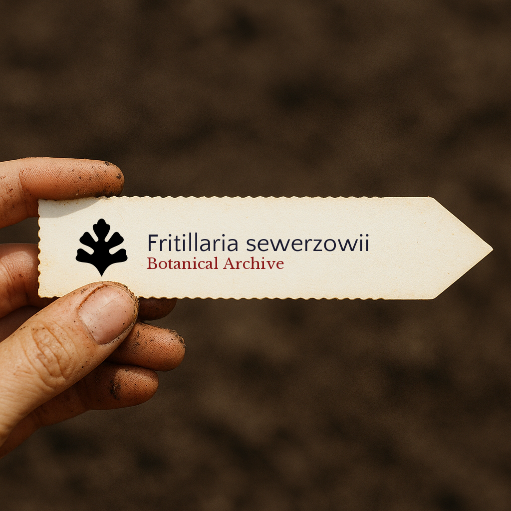 Printed plant label for Fritillaria sewerzowii held by hand with soil background