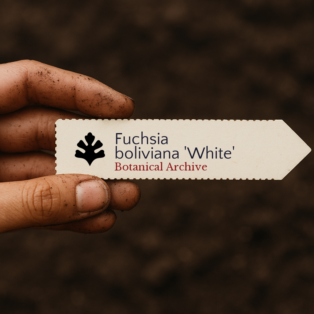 Printed plant label for Fuchsia boliviana 'White' held by hand with soil background