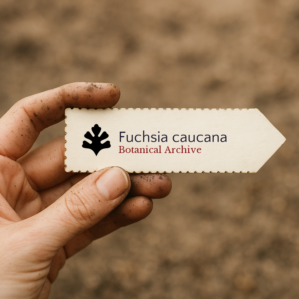 Printed plant label for Fuchsia caucana with botanical archive logo held by dirty hand