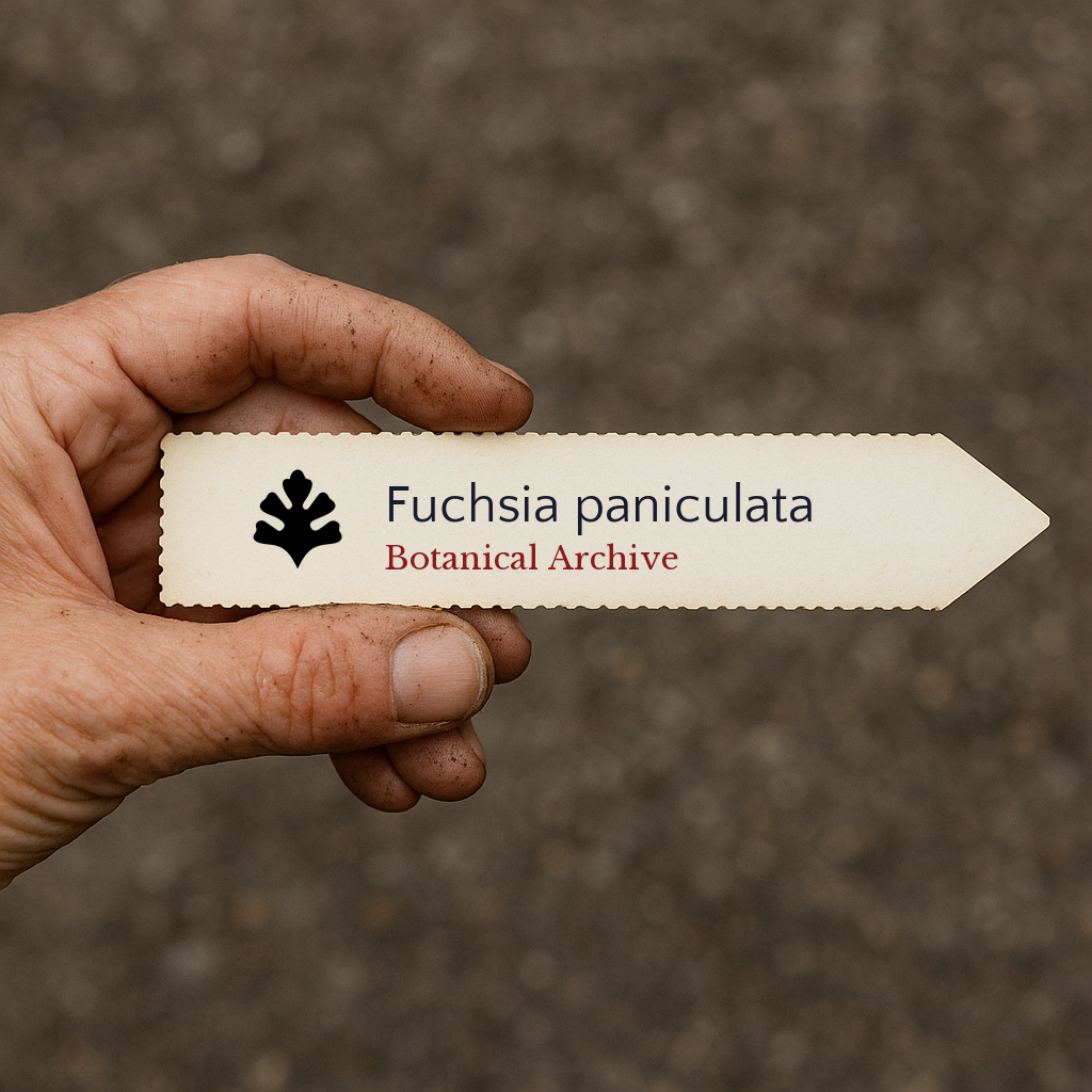 Etichetta per pianta stampata di Fuchsia paniculata tenuta a mano con sfondo di terra