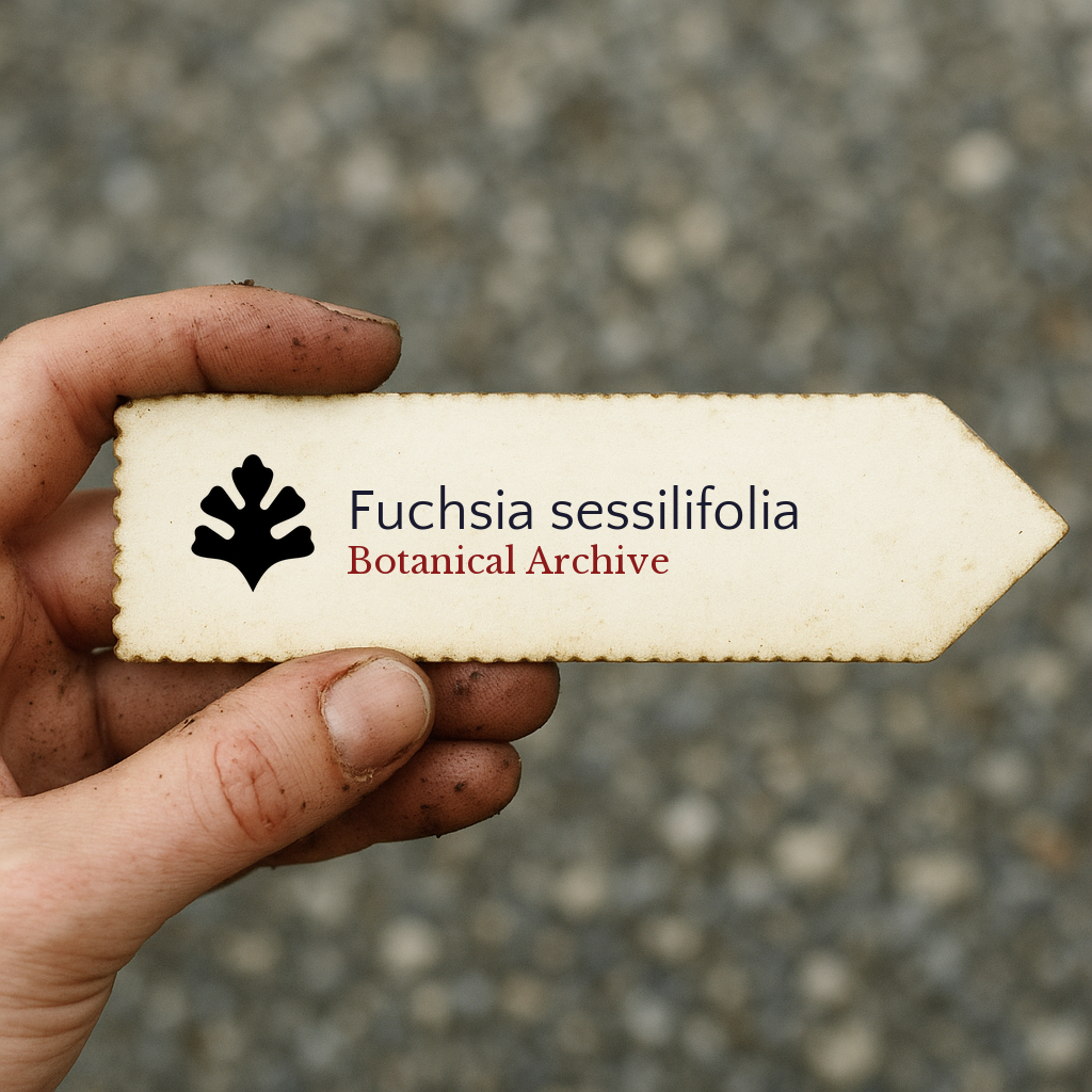 Printed plant label for Fuchsia sessilifolia held by hand with dirt background