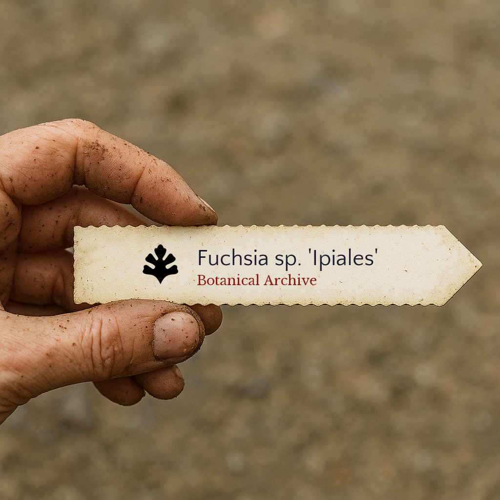 Etichetta plantare stampata per Fuchsia sp. 'Ipiales' tenuta da una mano sporca di terra