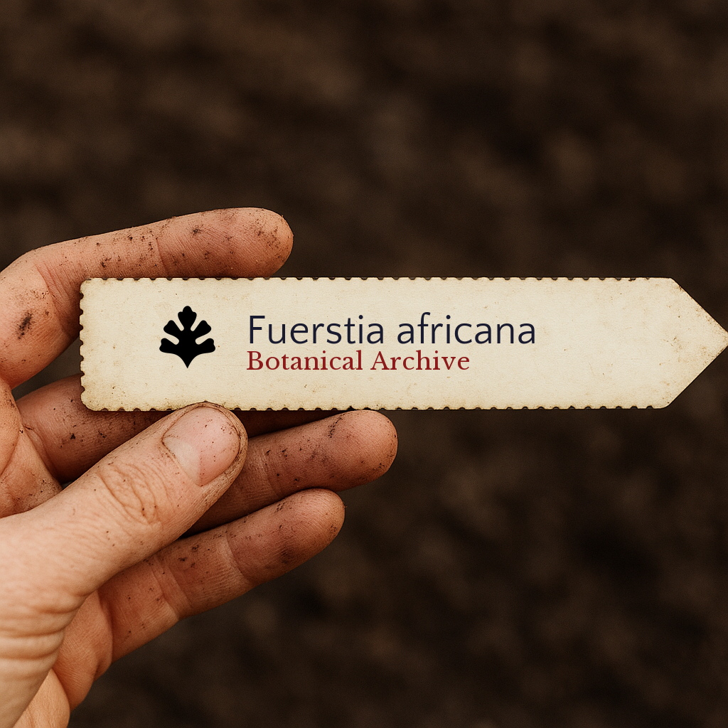 Printed plant label for Fuerstia africana held by dirty hand over soil background