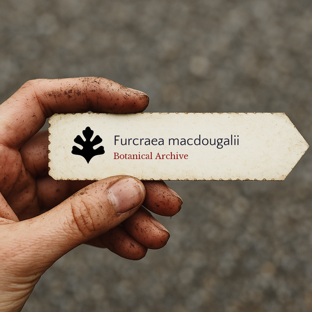 Printed plant label for Furcraea macdougalii held by dirty hand outdoors