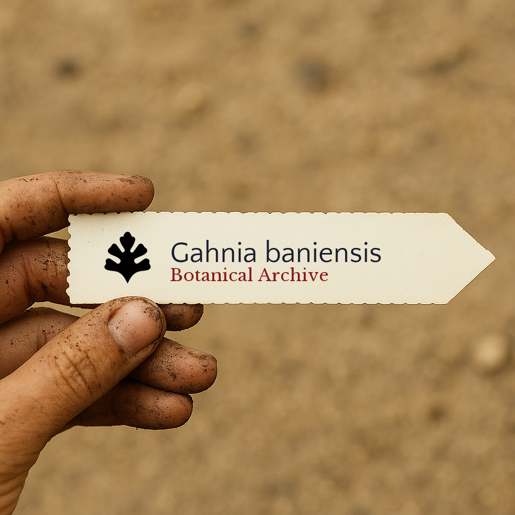 Printed plant label for Gahnia baniensis held by dirty hand with soil background