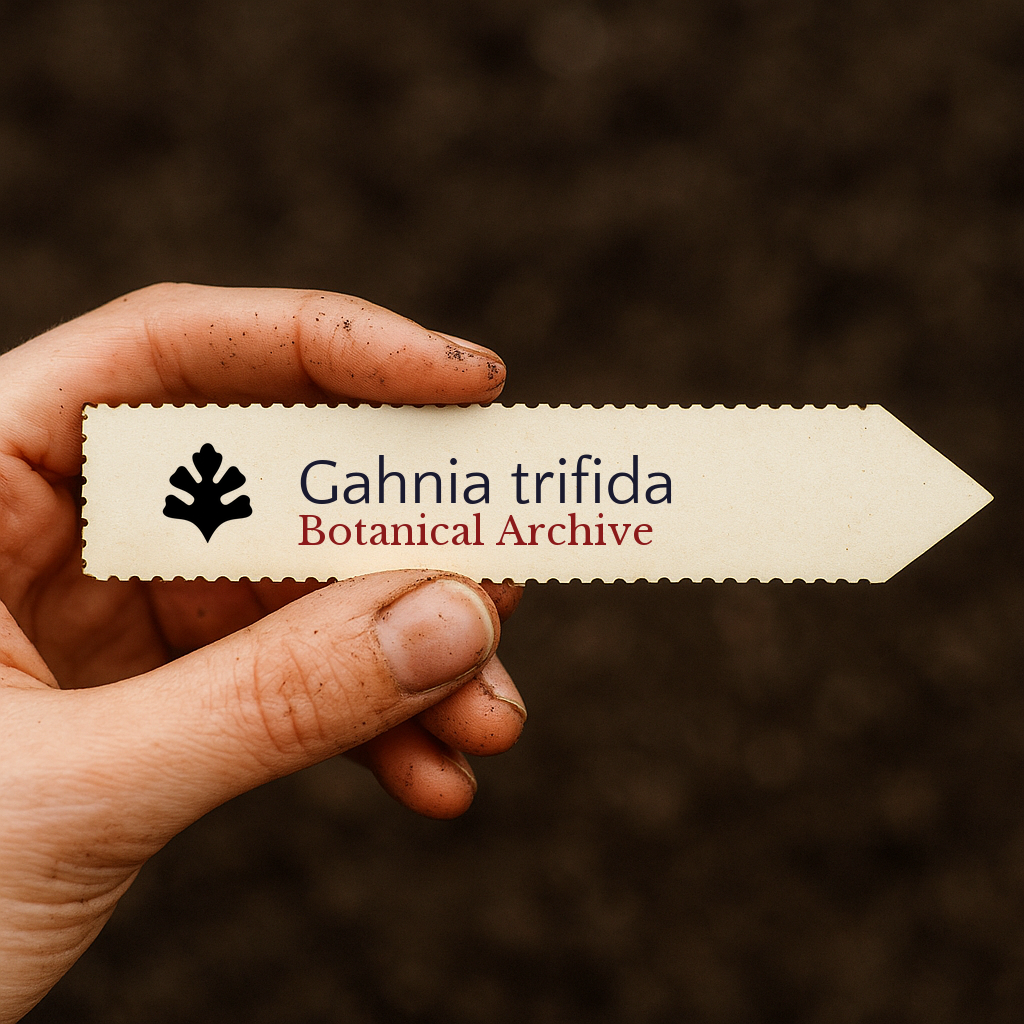 Etichetta per pianta stampata per Gahnia trifida Botanical Archive tenuta a mano con sfondo di terreno