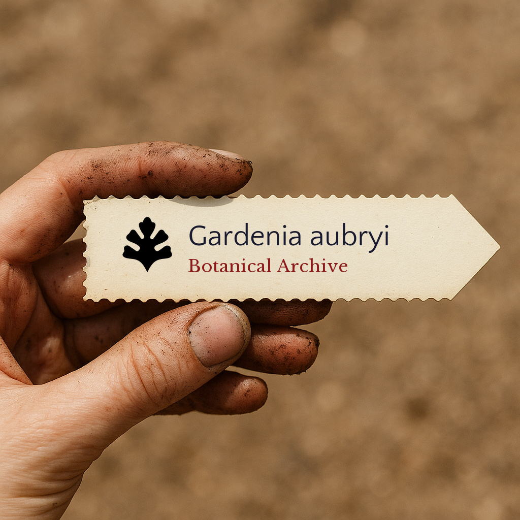 Printed plant label for Gardenia aubryi held by a dirt-covered hand