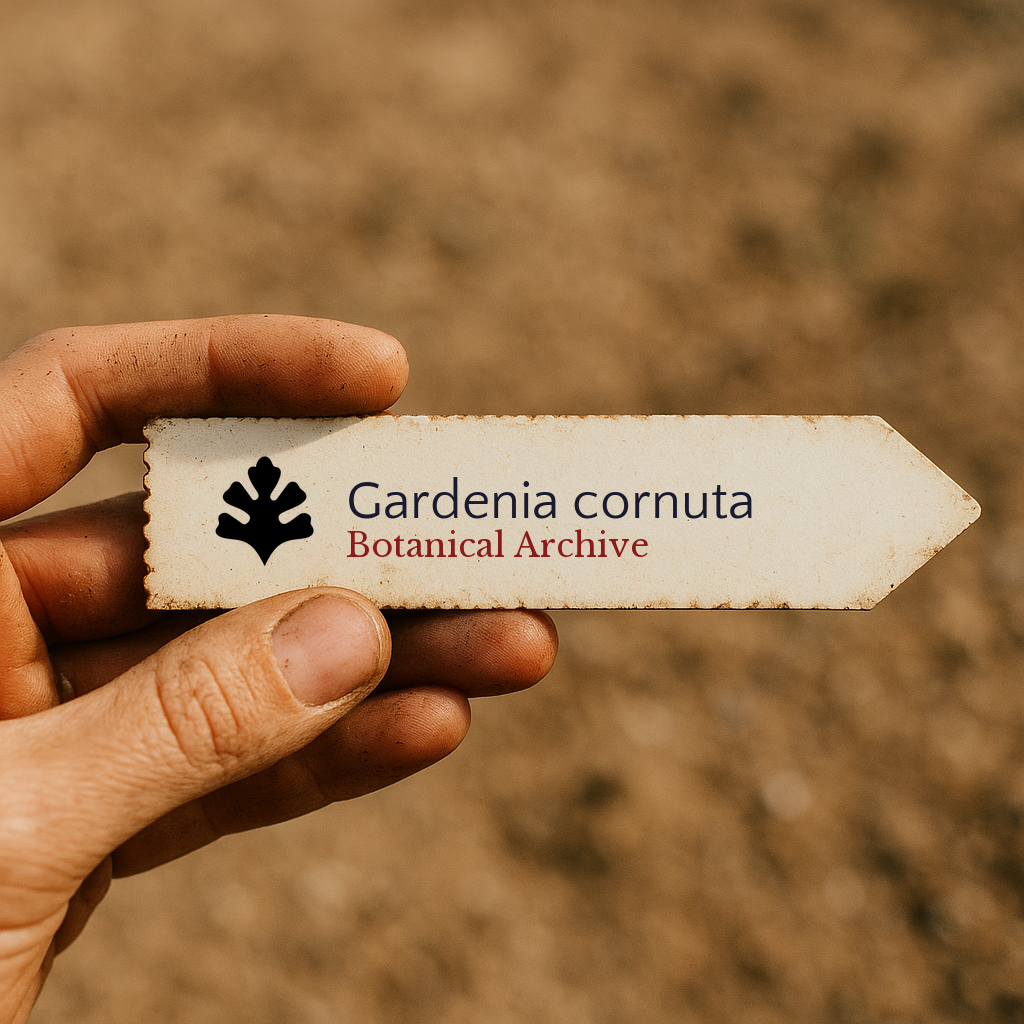 Printed plant label arrow for Gardenia cornuta held by hand with soil background