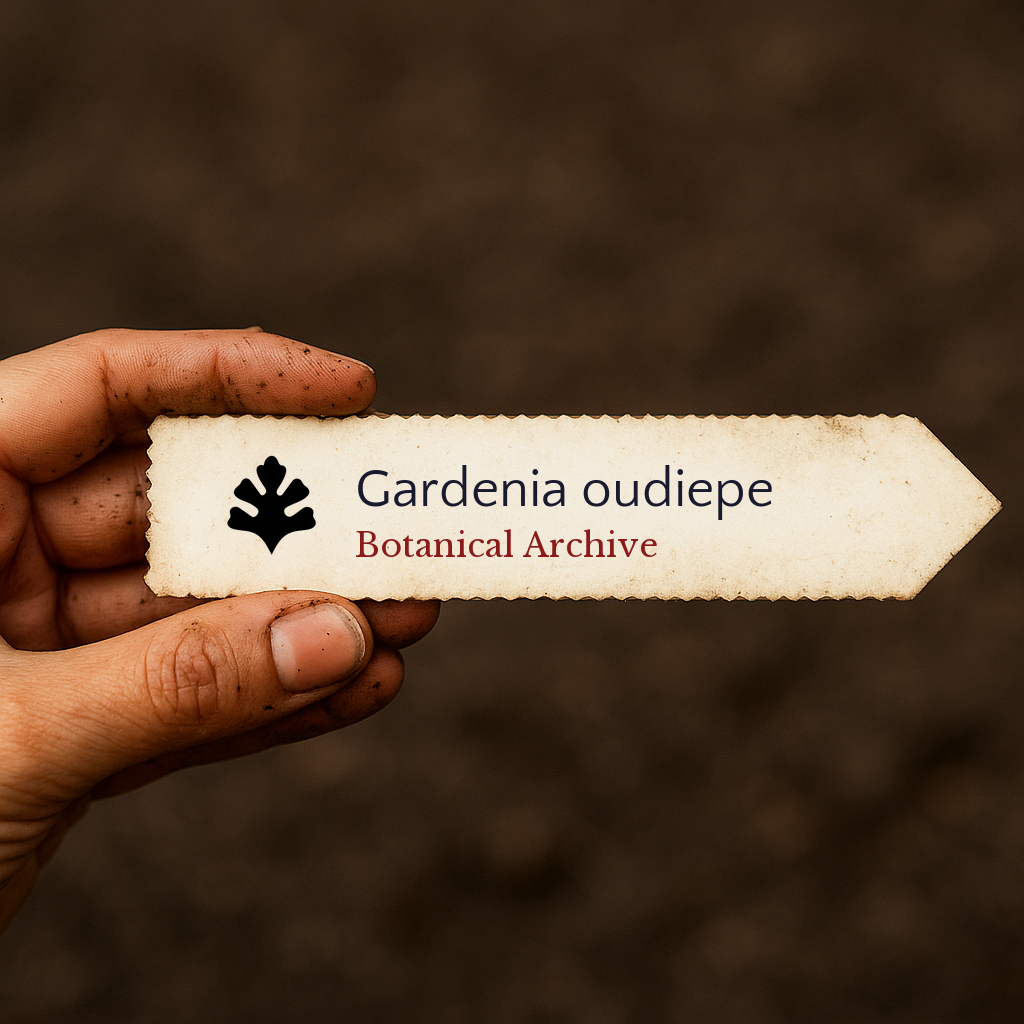 Printed plant label for Gardenia oudiepe held by hand with soil background