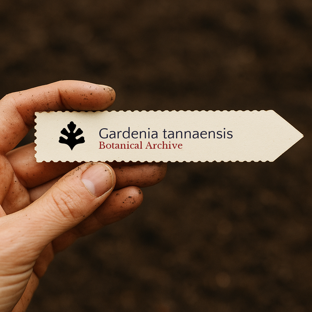 Printed plant label for Gardenia tannaensis held by hand over soil background