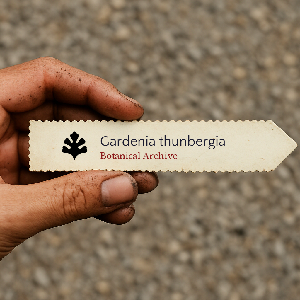 Etichetta per pianta stampata per Gardenia thunbergia tenuta a mano con sfondo di terreno