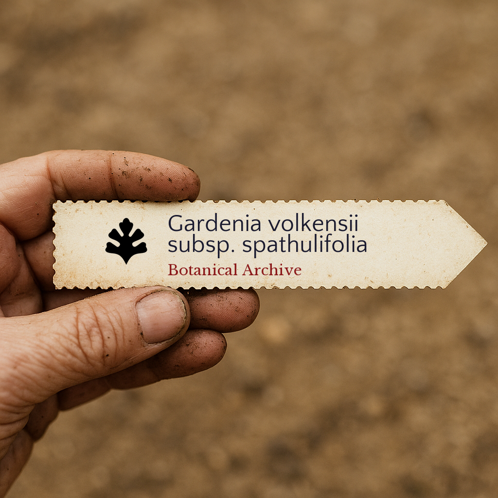 Etichetta stampata per pianta di Gardenia volkensii subsp. spathulifolia tenuta da mano sporca all'aperto