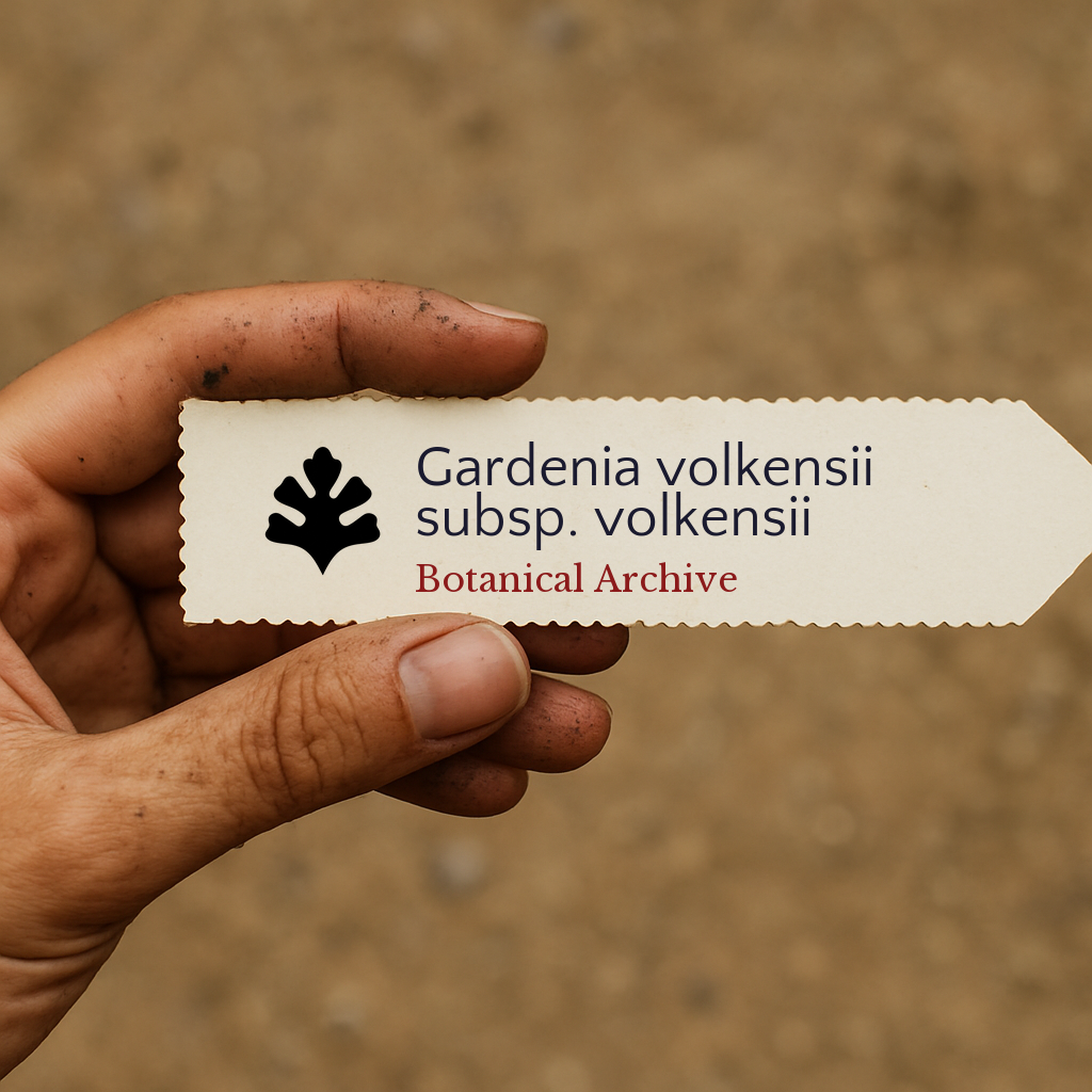 Printed plant label for Gardenia volkensii subsp. volkensii held by dirty hand outdoors