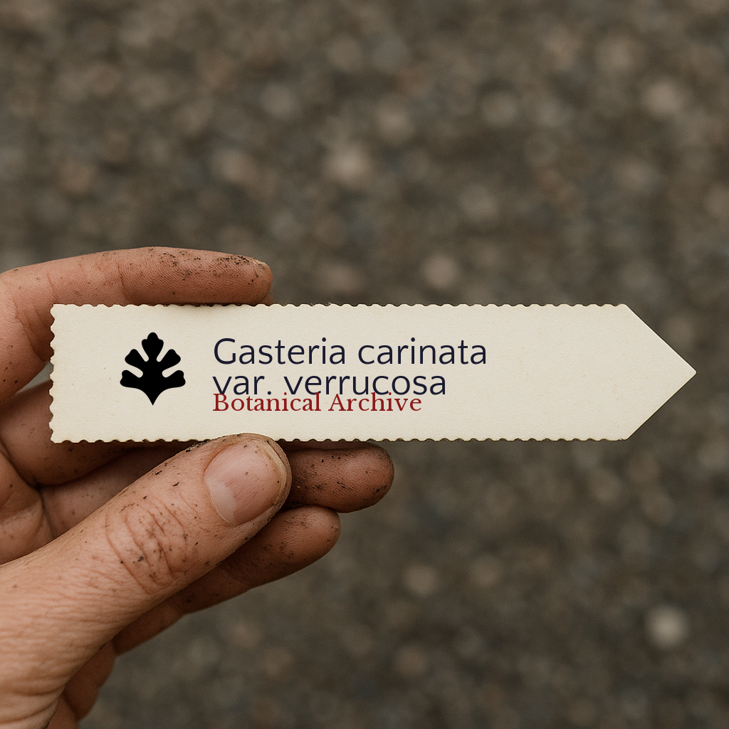 Printed plant label for Gasteria carinata var. verrucosa held by dirty hand outdoors