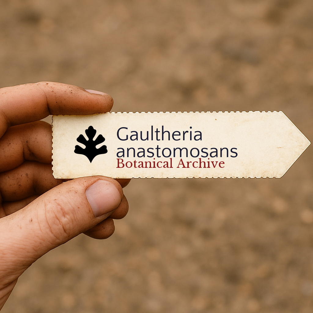 Etichetta per pianta stampata per Gaultheria anastomosans con il logo di Botanical Archive tenuta a mano
