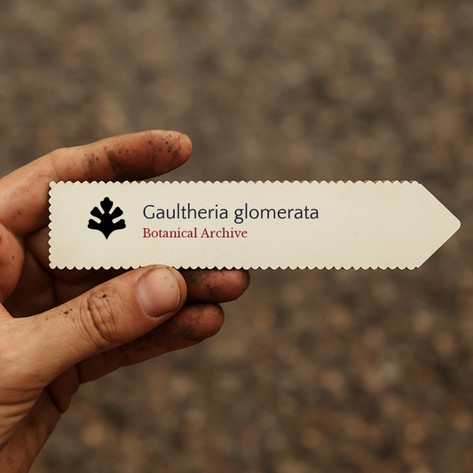 Printed plant label for Gaultheria glomerata held by hand with soil background