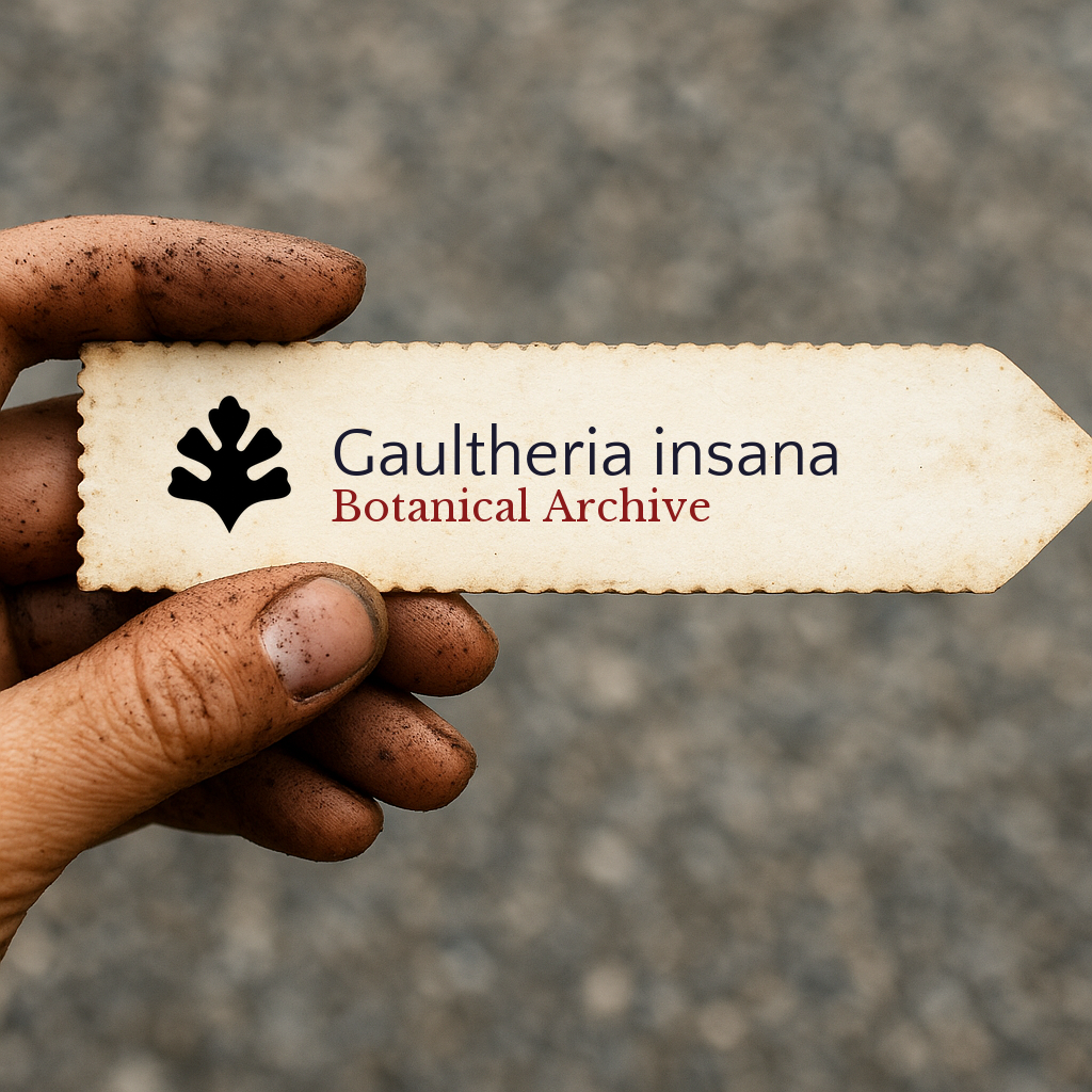 Printed plant label for Gaultheria insana held by dirty hand outdoors