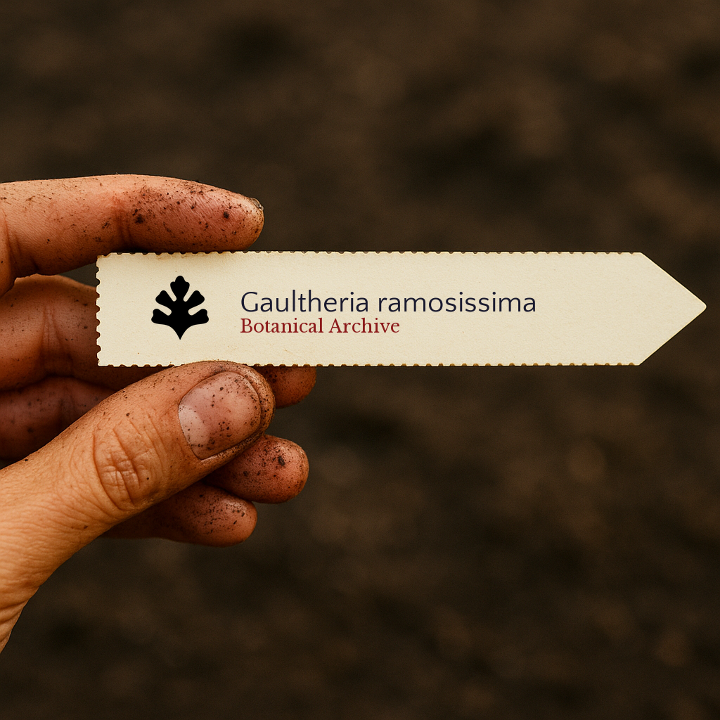 Printed plant label for Gaultheria ramosissima held by dirty hand over soil background