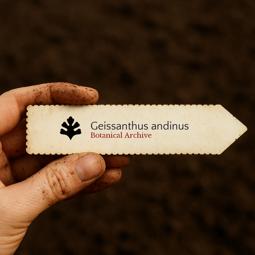 Printed plant label for Geissanthus andinus held by dirty hand over soil background
